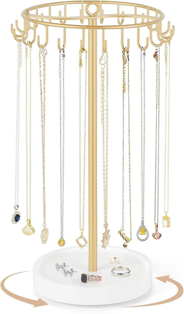 Mkono Rotating Necklace Holder Metal Jewelry Display Stand Gold Necklace Organizer with 22 Hooks Adjustable Tree Tower for Storage and Hanging Bracelet Keychain Home Bedroom Decor Dressing Table Women