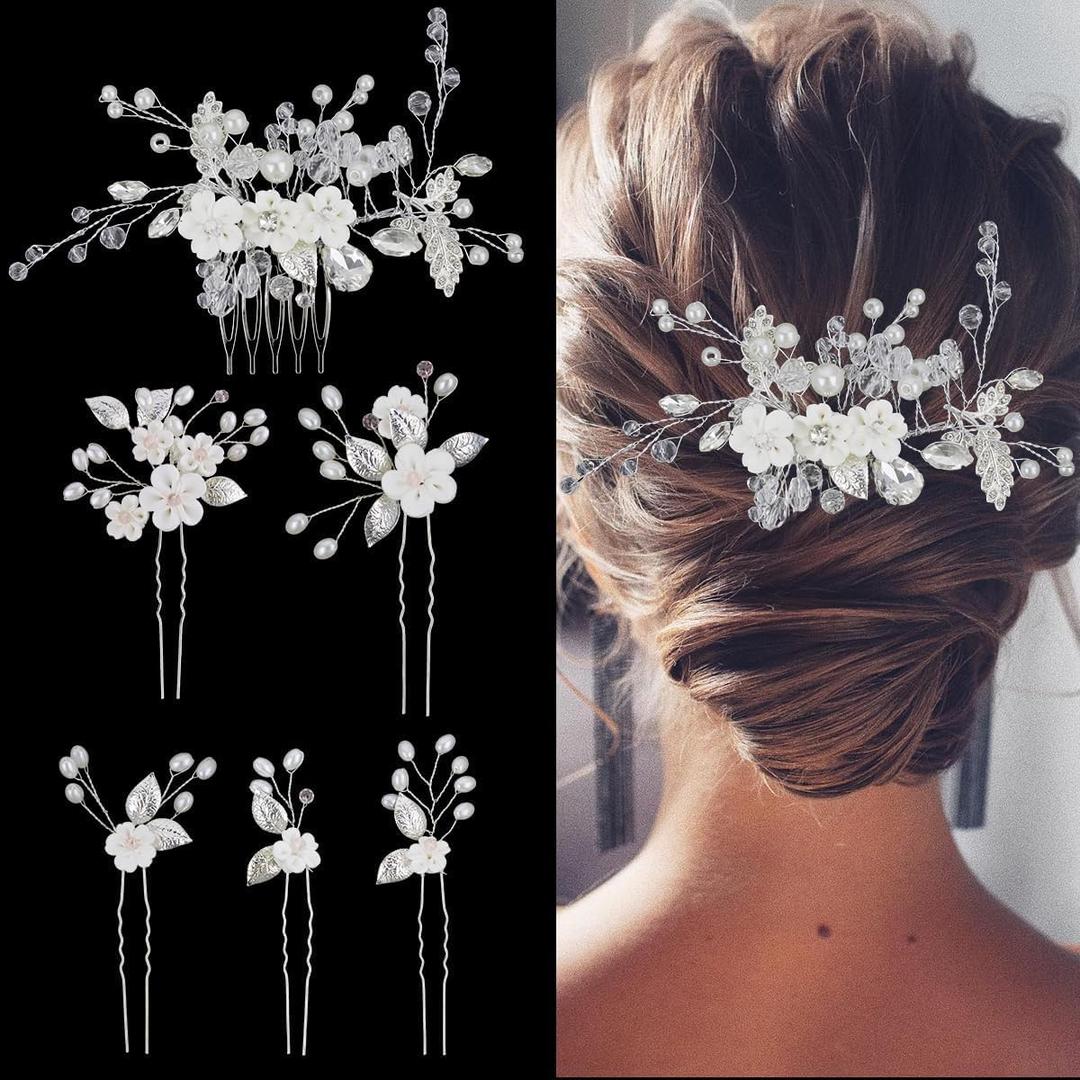 6 Pcs Bridal Flower Wedding Hair Pins Crystal Pearl Hair Clips Headpiece Wedding Hair Accessories Jewelry with Rhinestone for Brides Bridesmaids Women Girls Updo