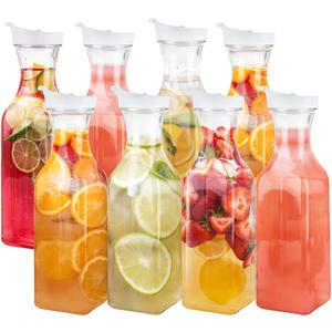GUSTO [50 oz - 8 Pack] Plastic Carafe with Lid, Large Capacity Square Base - Clear Pitcher with Flip Top Lid, Easy-Pour Spout Juice Containers with Lids - Perfect for Mimosa Bar, Water, and Cold brew