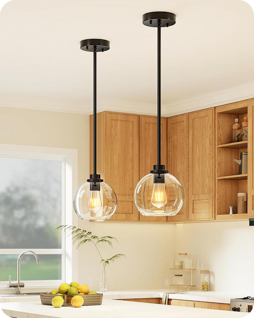 EDISHINE Modern Pendant Lights Kitchen Island 2 Pack, Hanging Light Fixture with Clear Glass Globe Shade, Hardwired Matte Black Adjustable Metal Rod for Bathroom, Dining Room, Bedroom