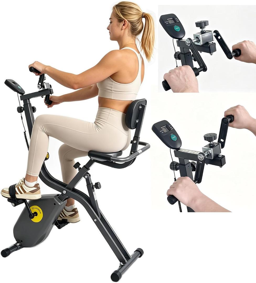 Quiet Foldable Recumbent Exercise Bike | 8-Level Magnetic Resistance, High Backrest, LCD Tracker, For Seniors Adults Home Gym，Upper & Lower Body Trainer, Grey Black