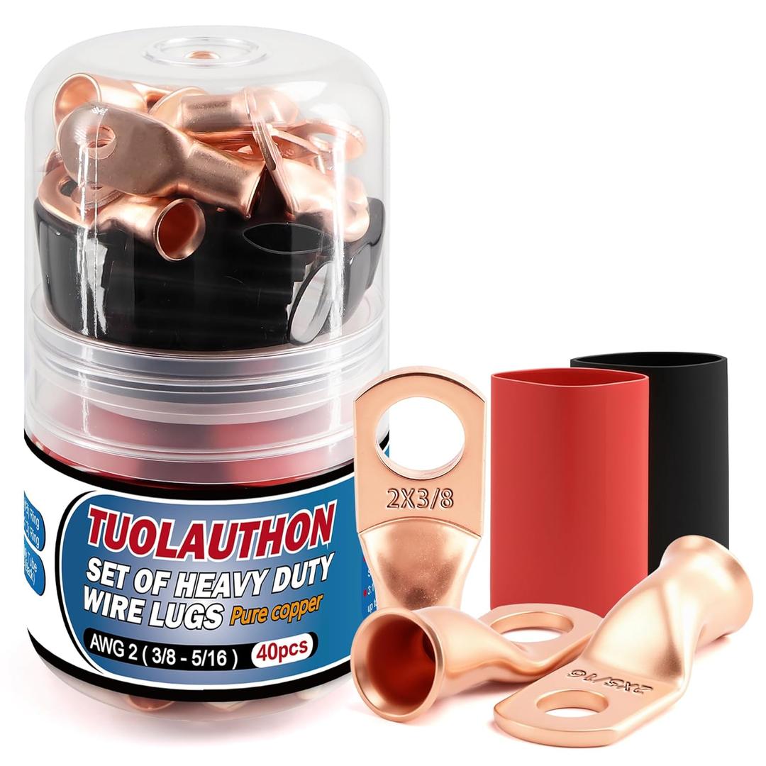 20 Pcs 2 AWG 5/16" & 3/8" Copper Battery Lugs Ring Terminals - w/ 20 Pcs 3:1 Adhesive Heat Shrink Tubing (Dual-Neck Bottle)