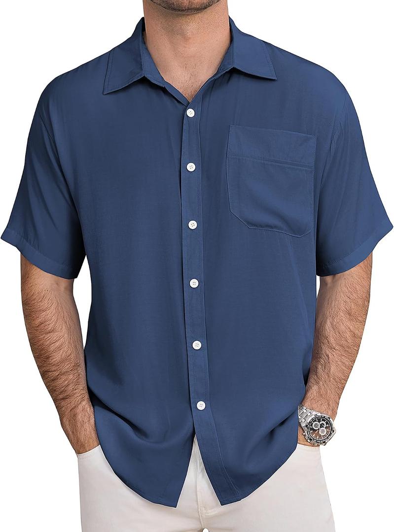 URRU Men's Shirts Casual Short Sleeve Button Down Shirt Summer Dress Shirts Loose Fit Beach Shirts Vacation Tops (Blue, M)