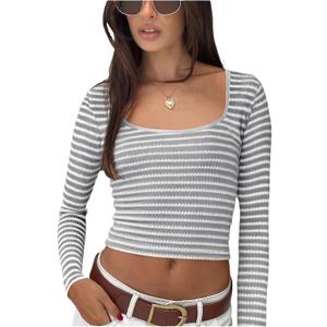 WDIRARA Women's Striped Tee Shirt Ribbed Long Sleeve Slim Fit Crop Tops (S)