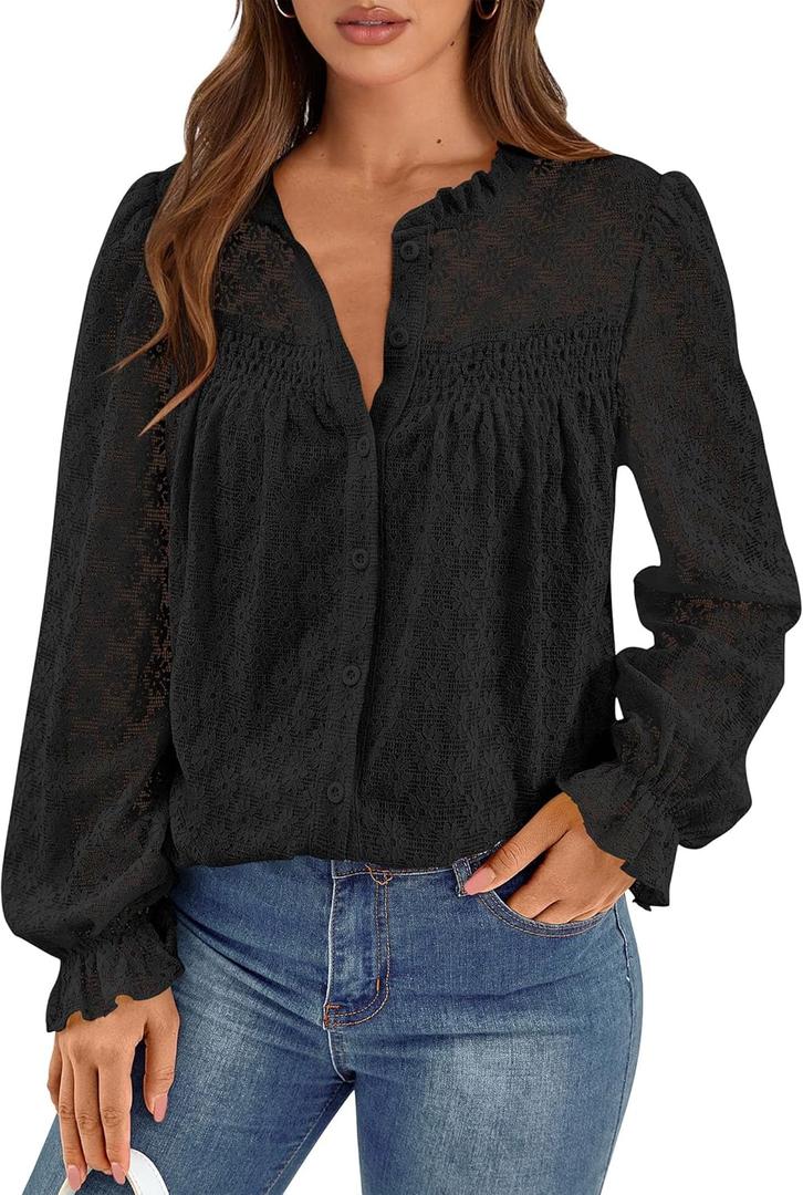 PRETTYGARDEN Lace Long Sleeve Shirts Fall Outfits for Women 2025 Casual Button Down Going Out Tops Hollow Out Eyelet Blouses (X-Large, Black)