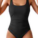 One Piece Swimsuit for Women Ribbed Tummy Control Bathing Suit Ruched Swim Suit Slimming Swimwear (Large, Black)