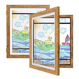 Kids Art Frames 9x12  - Front Opening Childrens Picture Frame Changeable, Wood Artwork Display Storage for Wall Mount, Magnetic Door Holds 50 Art Pieces for Drawings, 3D Picture, Crafts, Portfolio, Brown