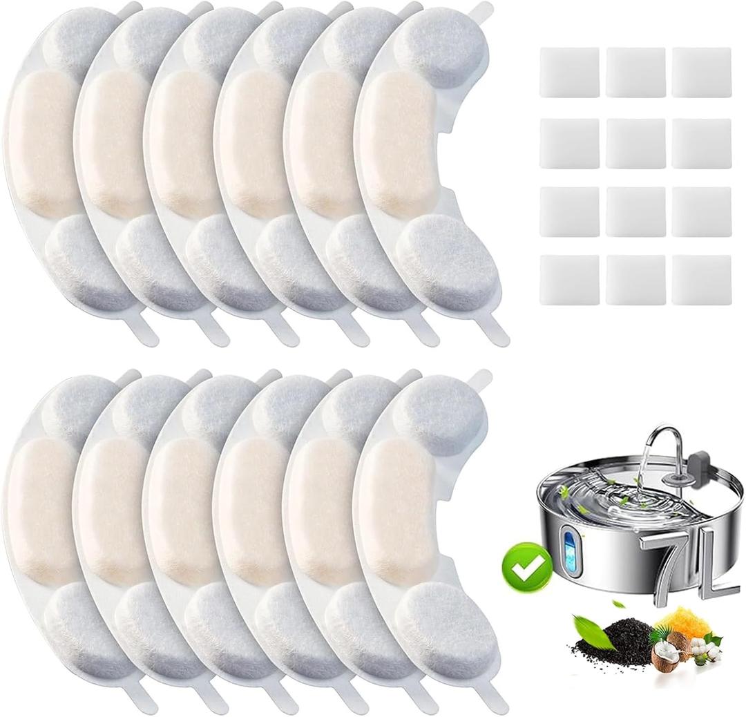 12 Pack Dog Water Replacement Filters Compatible with Smartoo 7L / 236oz / 1.8Gal Stainless Steel Dog Water Fountain, Pet Dog Fountain Filter Replacement,12 Filters + 12 Sponge
