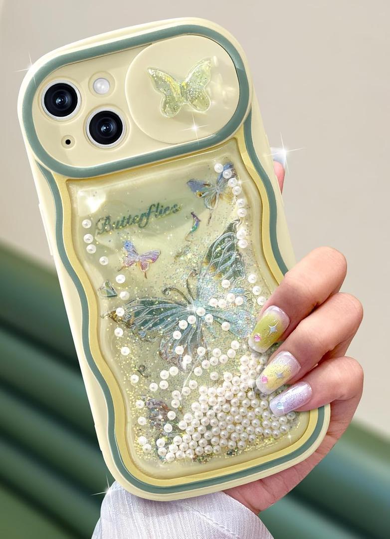Toycamp for iPhone 13 Case 6.1 Inch - Women Girls Cute Cover Glitter Butterfly with Sliding Camera Cover Unique Kawaii Girly Teens Fashion Design Flowing Liquid Quicksand Phone Case for iPhone 13