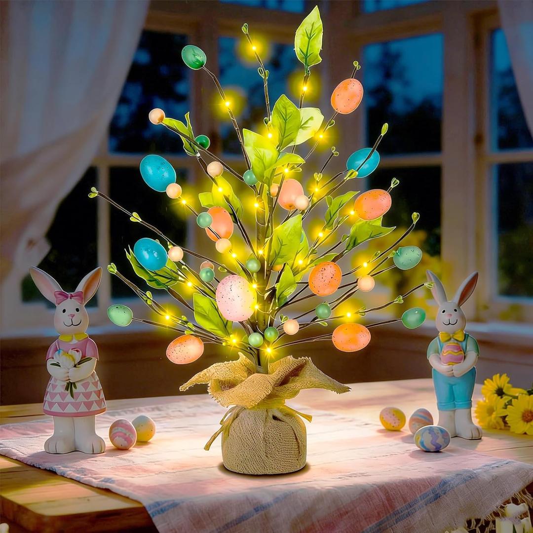 Easter Decorations for Home, 18 Inch Easter Egg Tree with Timer Fairy Lights Colorful Egg Adjustable Branches Mini Tabletop Tree Artificial Tree for Wedding Centerpiece Spring Decor