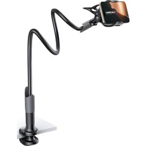Lamicall Gooseneck Phone Holder for Bed - Cell Phone Mount Clamp Clip, Flexible Long Arm, Overhead Mount for Desk Headboard Bedside, for iPhone 16 Pro Max, 15 Pro Max, 14 Plus, 13 Mini & 4-7" Phone (Black)