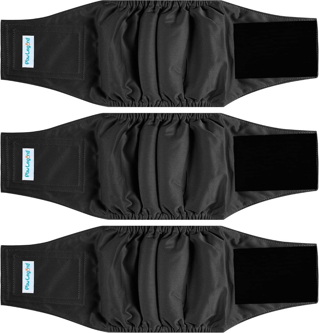 Paw Legend Washable Dog Belly Band Wrap Diapers for Male Dog | High Absorbing Puppy & Doggy Diapers Male (3 Pack, Black, Small)