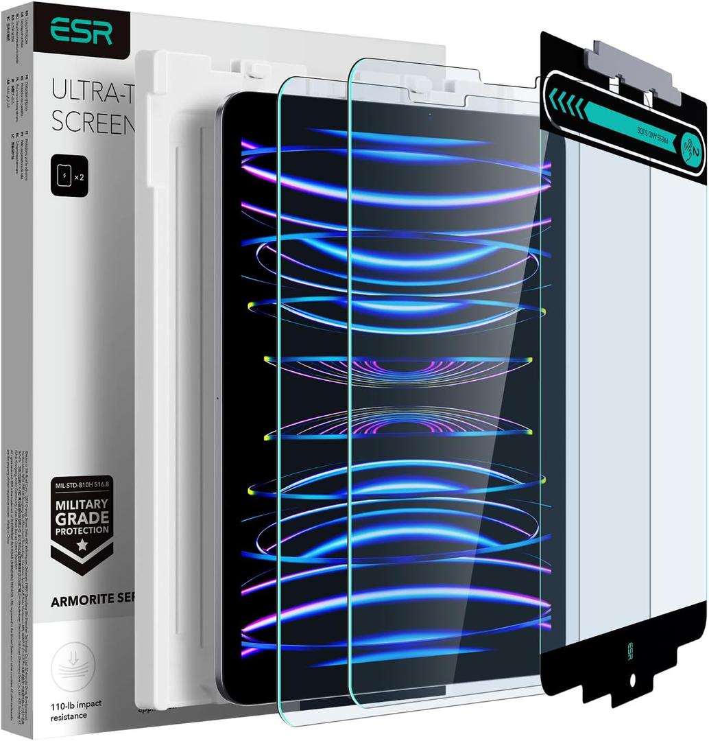 ESR for iPad Pro 11 Inch Screen Protector (2022/2021/2020/2018), iPad Air 5/4 Screen Protector, Tempered-Glass Film with Easy Application Tray, Scratch Resistant, HD Clarity, Armorite Series, 2 Pack