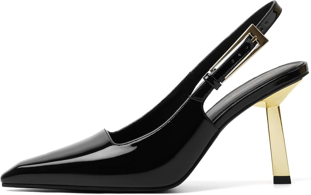 RIBONGZ Slingback Heels for Women Closed Pointed Toe Stiletto High Heels Dress Sexy Pumps Heeled Wedding Bride Prom Party Evening Dressy Shoes
 (7, Black Patent)