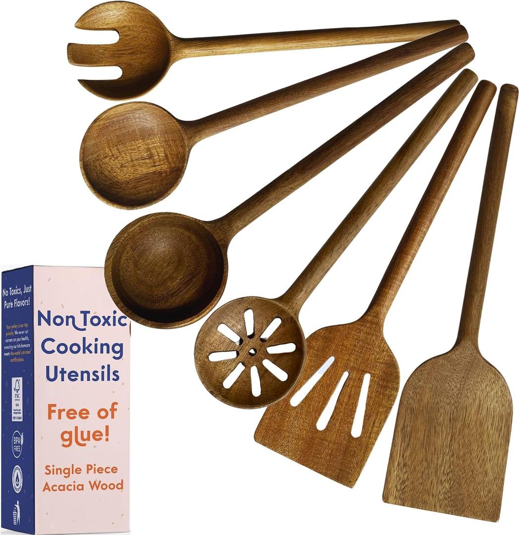 Non-Toxic Cooking Utensils 6-Piece Kitchen Utensils Set, Glue-Free & One-Piece Wooden Spoons for Cooking, Natural Wooden Utensil Set with Plant-Based Finish, Free of Forever Chemicals