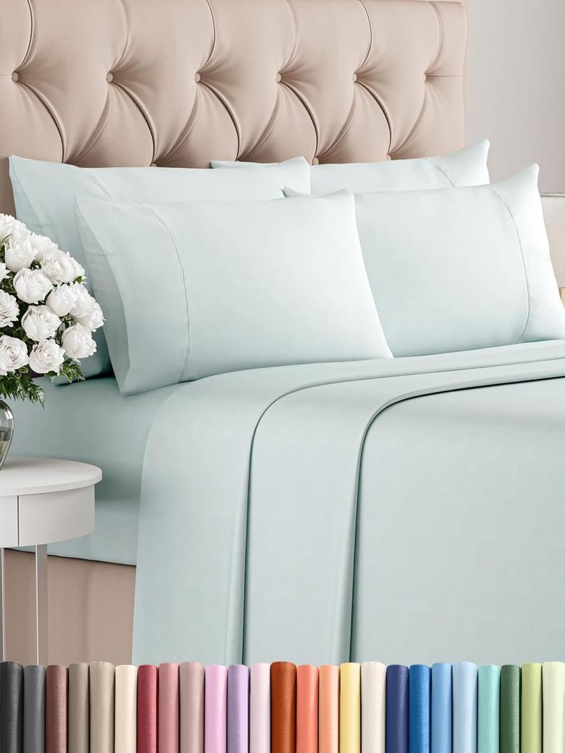 King Sheets Set 6 Piece - Includes 4 Pillowcases - Bed Sheets King Size - Soft Hotel Luxury Bedding - Cooling, Comfy, Cozy & Breathable - 1 Flat & 1 Fitted & 4 Pillowcases w/ Deep Pockets - Ice Blue