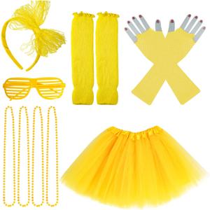 jiebor 80s Costume Outfits Accessories for Girls Tutu Skirt Leg Warmers Fishnet Gloves Shutter Glass Headband Necklace (Yellow)