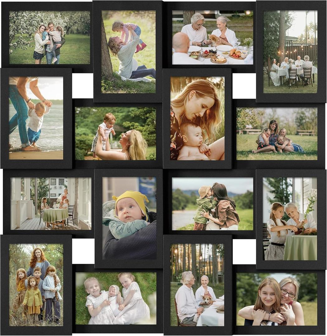 J.M.Deco Collage Picture Frames for Wall 16 Opening, Large Photo Frame Collage Wall Hanging for 4x6 Photo, Reunion Friends Family Memory, Christmas Gift - Black