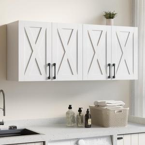 Farmhouse Laundry Room Wall Cabinet, Wall Mounted Bathroom Storage Cabinet with 4 Barn Doors & 3-Tier Adjustable Shelves, 11.8" D Wall Cabinet for Laundry Room, Bathroom, Kitchen, Home Office, White, 47.24 x 19.68 x 11.81 inches