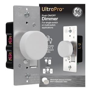 GE 3-Way Rotating Dimmer Switch, Push On/Off, Use with Dimmable LED, CFL, and Incandescent Bulbs, Includes Two Knob Colors, UL Listed, White/Light Almond, 18020
