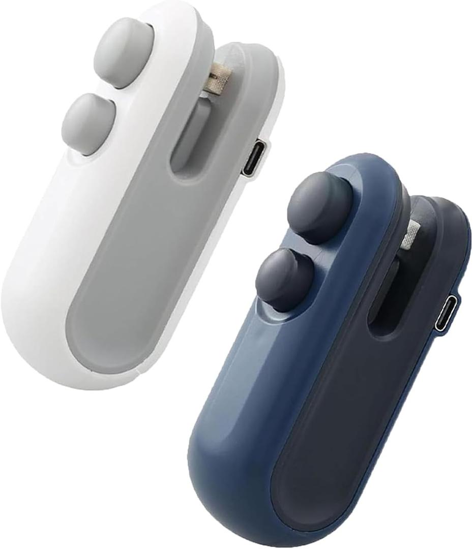 2Pcs Mini Bag Sealer with Cutter and Magnet,Rechargeable Mini Bag Sealer and Cutter,Household Hand Pressure Portable Snack Plastic Heat Sealing Machine for Snacks,Food Freshness Storage (White+Blue)