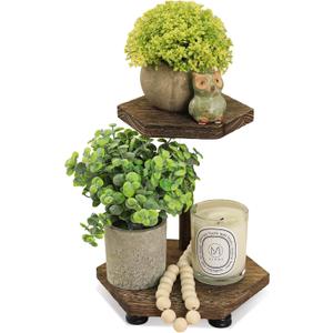 Tikea Hexagonal Wood Riser for Display, 2-Tier Rustic Wood Farmhouse Riser for Kitchen Bathroom Counter Decor, Decorative Tray for Soap Dispenser, Decorations and Plant (Brown)