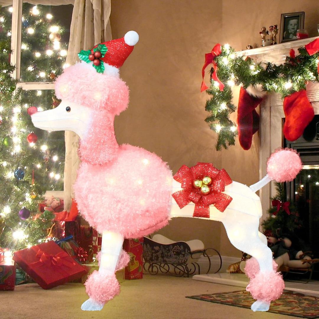 35" Christmas Poodle Dog Decoration with Lights,3D Pink Dog Lighted-up Outdoor Indoor Christmas Decoration,Cute Hairy Puppy with Red Christmas Hat Indoor Porch Outdoor Yard Holiday Decor