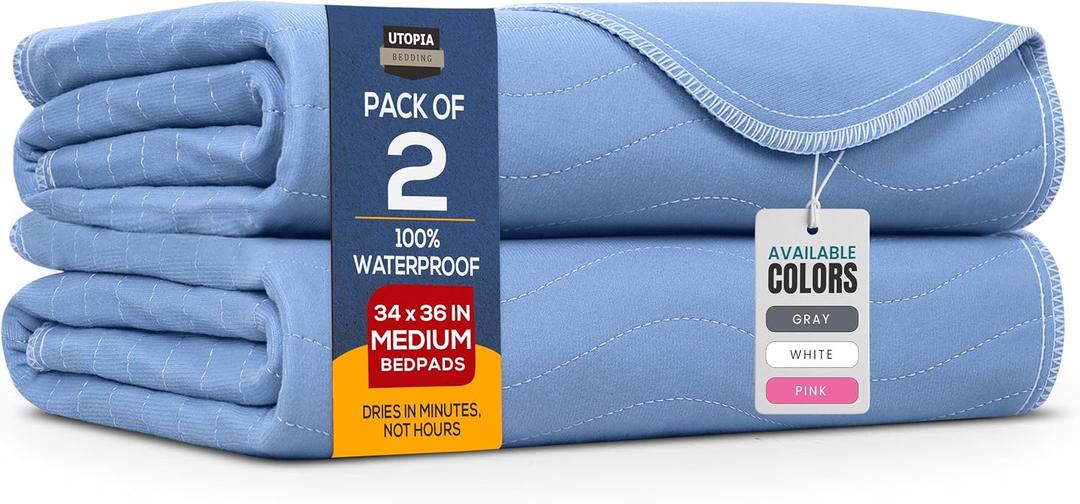 Utopia Bedding Washable Underpads 34" x 36" (Pack of 2), Waterproof Reusable Heavy Absorbency Incontinence Bed Pads for Adults, Kids, Elderly and Pets, Bedwetting Pads for Sofa and Couch (Blue)