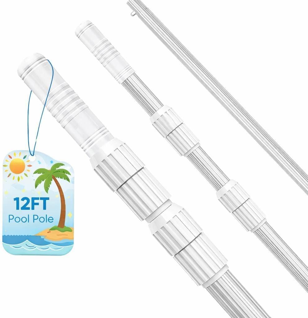 12FT Telescopic Pool Pole, Pool Skimmer Pole Heavy Duty, Adjustable 3 Piece Expandable Step-Up, Universal Pole for Skimmer Nets, Rakes, Brushes, Vacuum Heads Cleaning.