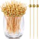 200 Pcs Cocktail Picks, Gold Plastic Ball Decor Skewer for Appetizers, Fruit, Kebabs, Mini Burger, Bamboo Skewers for Drinks, Handheld Toothpicks, Food Sticks Natural, Kitchen Gadget