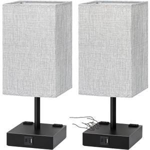 Bedside Table Lamps Set of 2 - Touch Nightstand Lamp for Bedroom with USB C+A Charging Ports & AC Outlets, 3-Way Dimmable Desk Lamp Grey Fabric Shade for Bedroom Living Room, Office(Bulb Included)