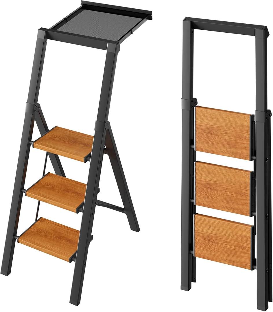Taranta Step Ladder,3 Step Ladder Foldable with Handrail-Black Woodgrain