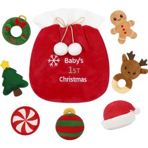 Finebee First Christmas Baby Toys,Sensory Plush with Santa Hat Rattles Gingerbread Crinkle Toys for Baby, for Kids Girls Boys, Infant Stocking Stuffers
