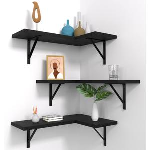 NATURE'S SOURCE Corner Floating Shelves Set of 3, Corner Shelves Wall Mounted, for Bedroom Kitchen Living Room Bathroom Office- Gothic Style (Black)