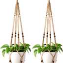 Mkono Macrame Plant Hanger Indoor Jute Hanging Planter Basket with Wood Beads Decorative Flower Pot Holder No Tassels for Indoor Outdoor Boho Home Decor 35 Inch, Brown, Set of 2 (Pots Not Included)