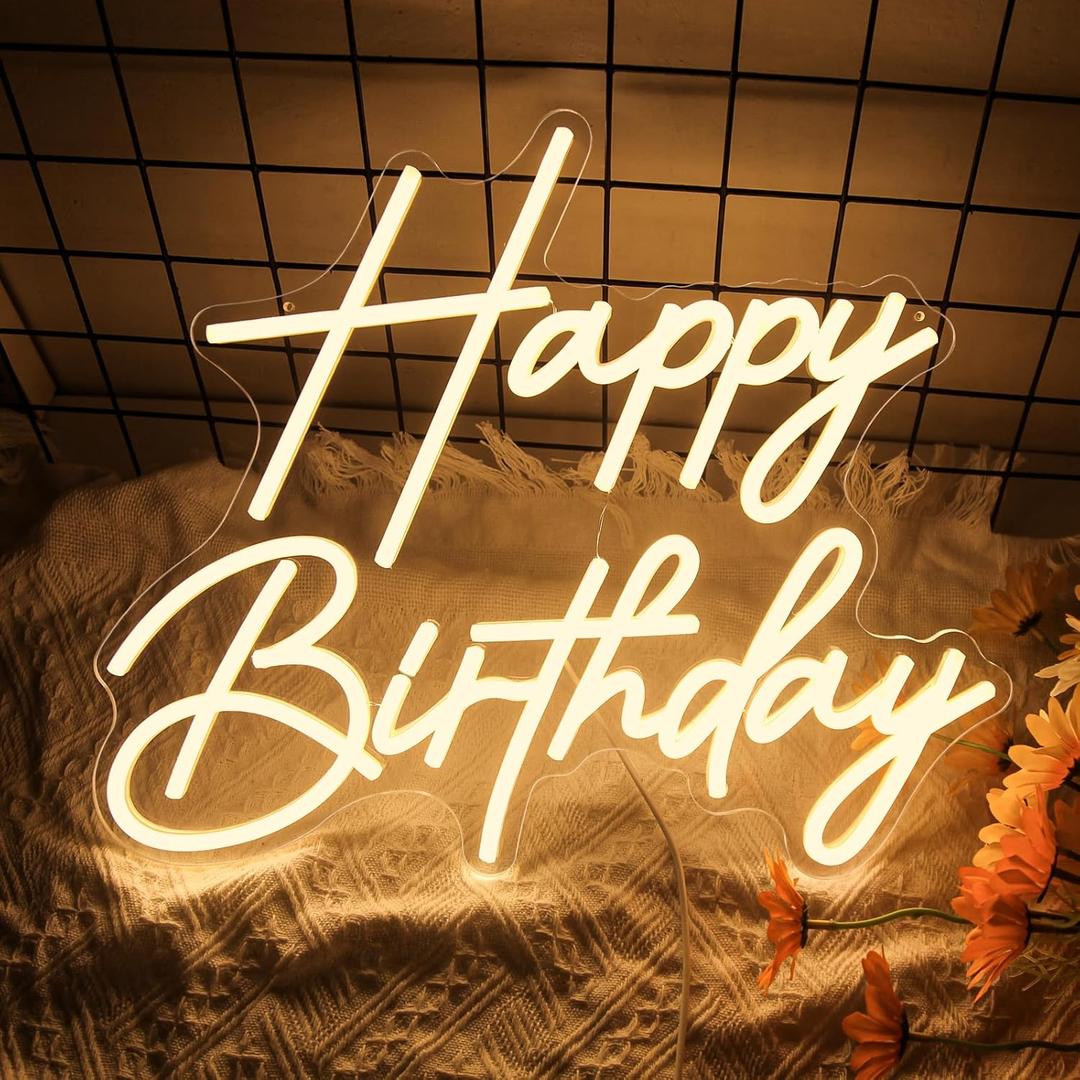 Happy Birthday Neon Sign for Wall Decor, Dimmable LED Happy Birthday Light Up Sign, Happy Birthday Sign for All Birthday Party Decoration Backdrop and Any Ages Bday Celebration, Warm White