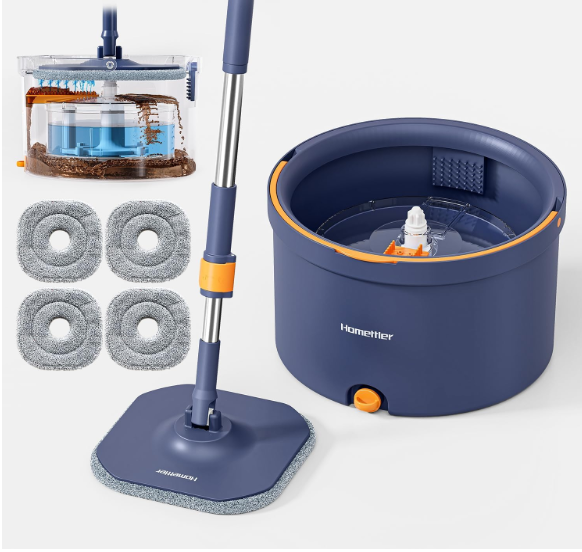 HoMettler Spin Mop and Bucket Set, Mop Bucket with Separate Dirty Water System, Deep-Cleaning Mops for Floors/Wall, Versatile Mops with 4 Microfiber Mop Pads