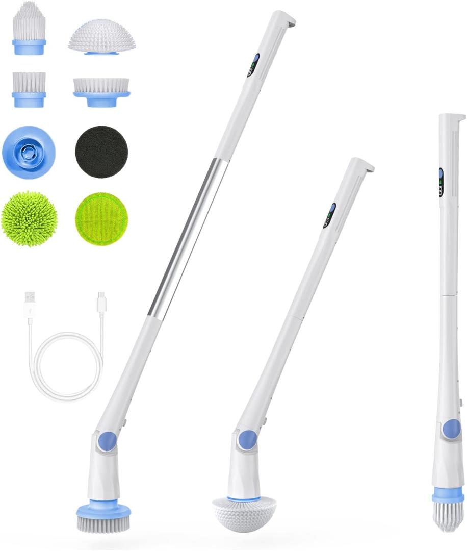 Electric Spin Scrubber, Cordless Cleaning Brush, Shower Scrubber with 8 Replaceable Brush Head, Power Cleaning Brush with Extended Handle, 3 Adjustable Size, 2 Speeds, for Bathroom Tub Tile Floor Car