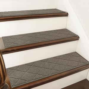 COSY HOMEER Stair Treads for Wooden Steps 9"x28" Washable Indoor Carpet Stair Treads Non Slip Soft Polyester Stair Carpet Tread Reusable Stair Runner Rugs for Kids, Elders,Pets,Light Brown,15pcs