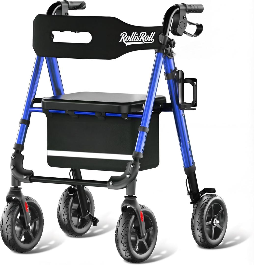 Walkers for Seniors Taller 5.3~7ft, Lightweight Foldable Rollator Walker, Built in Cable, Reinforced Aluminum Frame, 8" Big Rubber Wheels for All Terrain, 350lb Weight Capacity, Blue