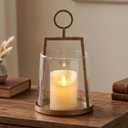 Modern Farmhouse Hurricane Candle Holder, Antique Brass Metal Centerpiece Sturdy Glass Sleeve, Tabletop Geometric Lantern for Pillar Candles, Plants & Home Decor (6" x 10") - Large