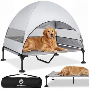 Elevated Dog Bed with UV-Proof Canopy, Outdoor Dog Tent with Powerful Adjustable Feet, Portable Pet Cot with Wider Shade, Raised Cooling Bed for Camping, Patio, Beach, Poolside