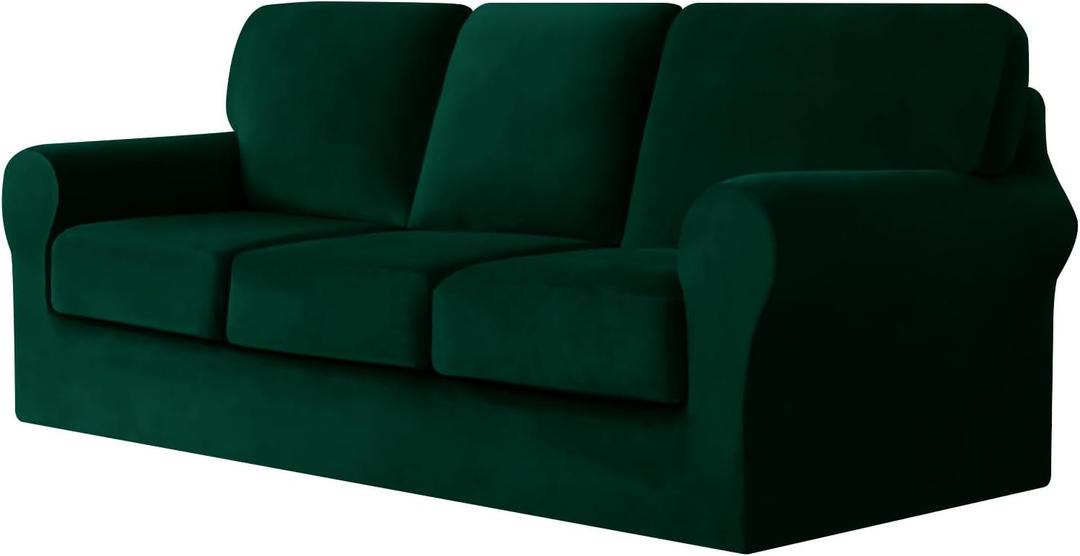 UNBBRRL 7 Pieces Couch Covers for Sofa, Replacement Ektorp Sofa Cover 3 Seat with 1 Main Cover/3 Seat Cushion Covers/3 Backrest Covers, Stretch Velvet Settee Cover 3 Seater (Dark Green,3 Seater)