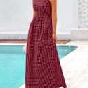 PRETTYGARDEN Women's 2026 Summer Spaghetti Strap Maxi Dresses Plaid Square Neck A Line Casual Beach Vacation Long Sundress (Red, L)