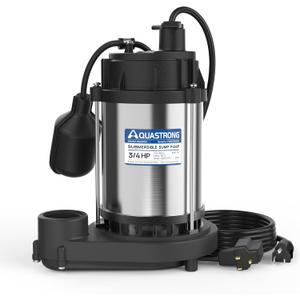 AQUASTRONG 3/4 HP Sump Pump, 4200 GPH Stainless Steel and Thermoplastic Submersible Water Pump, Automatic Float Switch with Piggy-back Plug,1-1/2" NPT Discharge Subpumps for Basement and Flooding Area