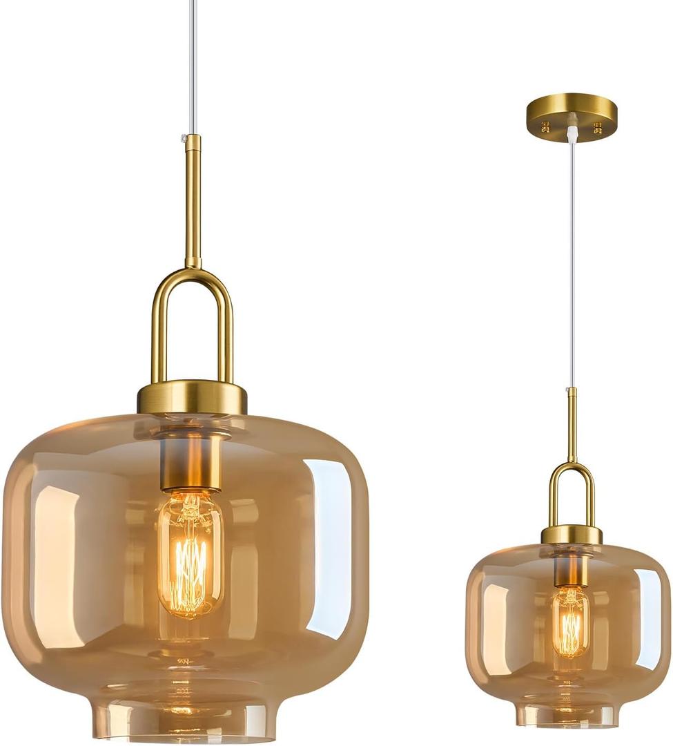 Cognac Glass Pendant Lights Kitchen Island Gold Pendant Light Fixtures Adjustable Height Modern Pendant Lighting for Bedroom Dining Room (9.06 in 1-Pack), Drum Shape 9.06 in