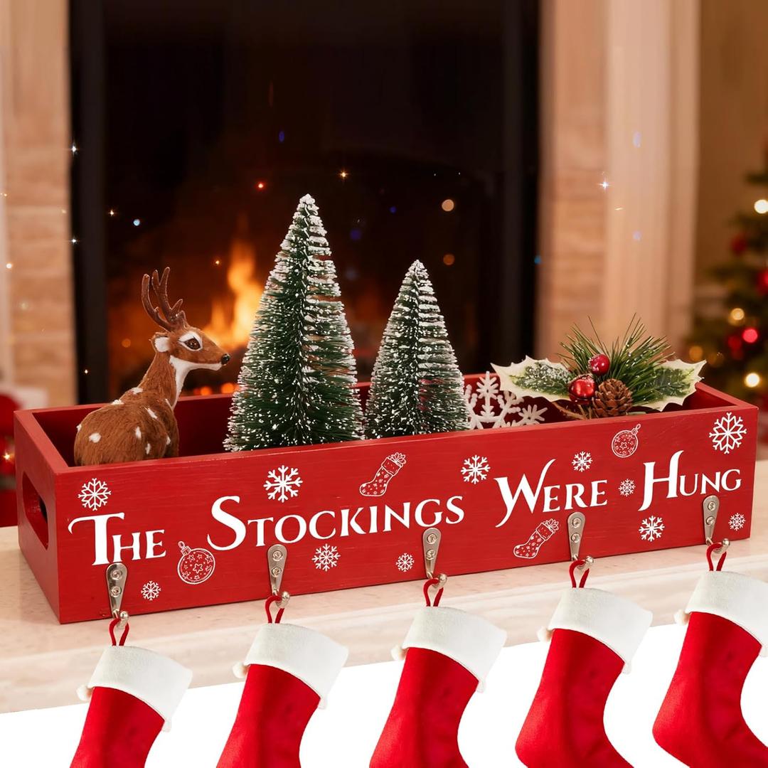 CIEOVO Christmas Stocking Holder Decorative Wooden Box with Hooks Mantle Stockings Hanger Christmas Decoration Gift Box Stocking Holder for Xmas Holiday Festival Fireplace Mantel