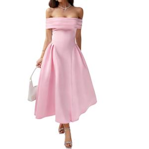 Formal Cocktail Off Shoulder Dresses for Women Elegant Swing Aline Wedding Guest Engagement Party Midi Dress (Pink, M)