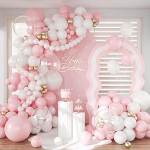 CROSSFINGERS Pink and White Balloon Garland Arch Kit, Pastel Light Pink and White Metallic Gold Balloons Different Sizes for Birthday Wedding Baby Shower Party Decorations