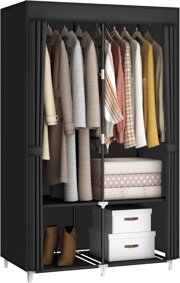 Portable Closet Wardrobe for Small Room, 35-Inch Clothing Organizer Storage Rack with 2 Clothes Hanging Rods and 4 Shelves, Non-Woven Fabric Cover, Black
